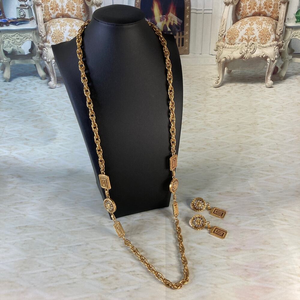 Premier Designs Etruscan Gold Tone Station Necklace & Earrings Set Vintage 90s